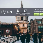 A promotional banner for KubeCon + CloudNativeCon Europe 2025 is overlaid on a scenic photograph of London, England. The image showcases the Millennium Bridge with pedestrians walking toward St. Paul’s Cathedral at dusk. The City of London School’s crest and logo are visible on a nearby building. The event details, including the date (April 1-4, 2025) and location (London, England), are displayed along with the hashtags #KubeCon and #CloudNativeCon.